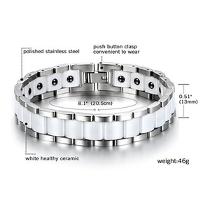 Bracelet pour homme en acier titane poli et céramique blanche avec aimants de santé