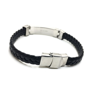 Men's black braided leather bracelet with polished stainless steel magnetic clasp