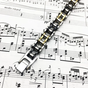 Three-tone stainless steel bicycle chain bracelet for men in silver black and gold