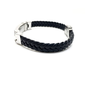 Men's minimalist black braided leather bracelet with a polished silver metal clasp