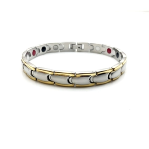 Detail view of two-tone magnetic therapy bracelet with polished and brushed steel finish