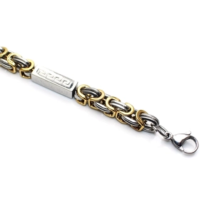 Two-tone silver and gold stainless steel men's chain bracelet with Greek key pattern