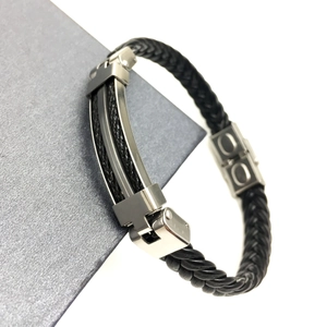 Men's black braided leather bracelet with stainless steel silver metal bar and buckle