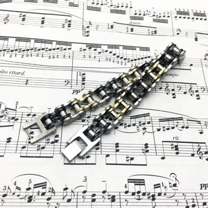 Three-tone stainless steel bicycle chain bracelet for men in silver gold and black