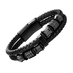 Men's Braided Leather Bracelet With Magnetic Clasp Black Metal Rings Industrial Style Double Layer Hand Chain Jewelry Gift