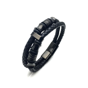 Men's multilayer black braided leather bracelet with metal beads and magnetic clasp