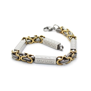 Two-tone silver and gold Byzantine chain bracelet with Greek Meander pattern blocks