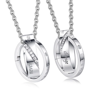 Minimalist Stainless Steel Double Nested Ring Couple Pendant Necklace Silver Rhinestone Engraved Love Eternal Jewelry Gift
