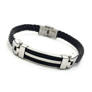 Men Industrial Style Braided Black Leather Bracelet With Stainless Steel H Connector Polished Finish Fashion Jewelry Gift