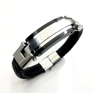 Men's fashion braided leather bracelet with silver and black metallic hardware