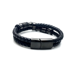 Men's double-braided black leather bracelet with wide magnetic clasp and metal beads