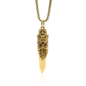 Golden dragon sword bullet pendant necklace with black stone and pearl chain