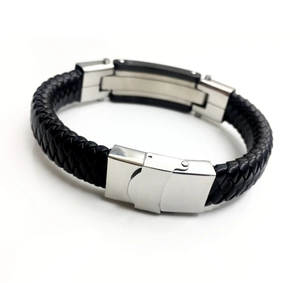 Men's minimalist braided black leather bracelet with silver stainless steel clasp