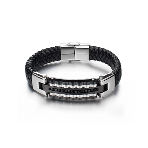 Geflochtenes Herren-Lederarmband in Schwarz mit Silber-Wellen-Design und Stahlverschluss