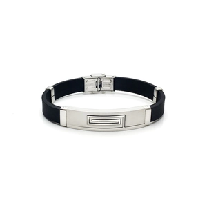 Men's stainless steel and black silicone bracelet with geometric rectangular groove pattern