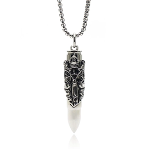Retro titanium steel bullet pendant with dragon sword carvings on silver ball chain