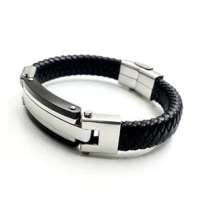 Men's braided black leather bracelet with silver and black stainless steel magnetic clasp