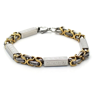 Men's Stainless Steel Byzantine Chain Bracelet Gold Silver Bicolor Greek Meander Pattern Retro Punk Jewelry Wristband Gift