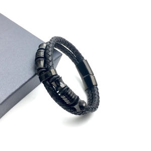 Men's double-braid black leather bracelet with magnetic clasp and metal rings