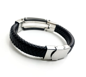 Men's minimalist braided black leather bracelet with silver stainless steel clasp