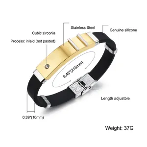 Men's stylish gold stainless steel bracelet with black silicone strap and cubic zirconia