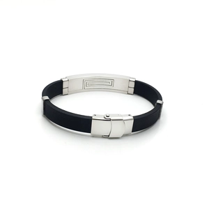 Men's stainless steel and black silicone bracelet with geometric rectangular pattern