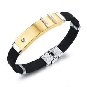 Men's retro stainless steel and black silicone bracelet with gold-plated crystal accent