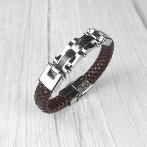 Bracelet pour homme en cuir tressé marron avec acier inoxydable, carbone et zircon