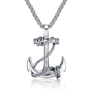 Silver anchor pendant necklace for men with rope detail and durable box chain