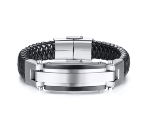 Men Fashion Woven Leather Bracelet With Stainless Steel Plate Industrial Style Braided Bangle Jewelry For Men Gift