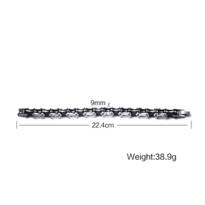 Detailed size specifications for a 9mm wide bicycle chain style men's steel bracelet