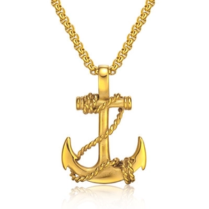 Polished gold anchor pendant necklace with thick round chain and nautical rope detail