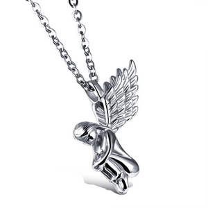 Vintage Angel Girl Pendant Stainless Steel Necklace For Women Exaggerated Polished Wings Angelic Fashion Jewelry Silver Tone