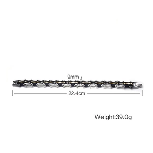 Macro shot of 9mm bike chain bracelet in silver, gold and black finish with sizing specs