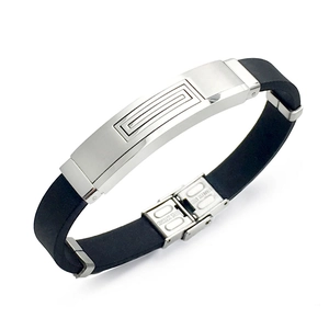 Men's Fashion Stainless Steel Bracelet With Black Silicone Strap Geometric Pattern Polished Finish Adjustable Wristband Jewelry Gift