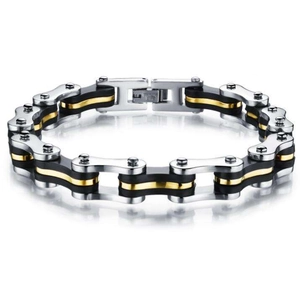 Detail of tricolor stainless steel bicycle chain bracelet with secure fold-over clasp