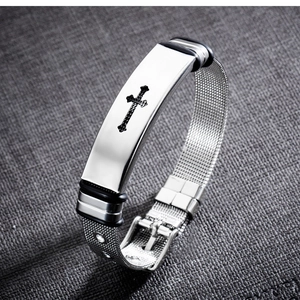 Edelstahl Mesh-Armband für Herren mit hohlem Kreuz auf polierter Metallplatte