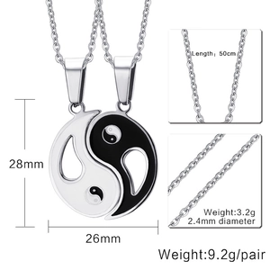 Stainless steel Tai Chi Bagua couple necklaces set with dimensions and size details