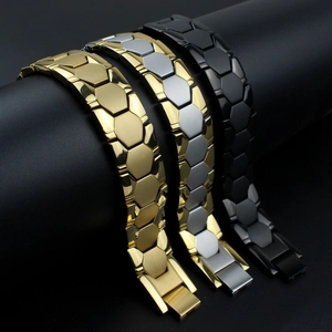Mens titanium steel magnetic bracelets in gold, silver and black with hexagonal links