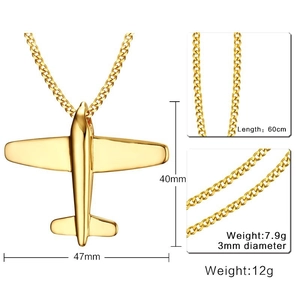 Golden stainless steel airplane pendant with curb chain for men 40mm minimalist design