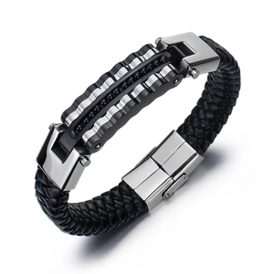 Herren Mode Geflochtenes Lederarmband Punk Rock Gotik Edelstahl Gold Silber Schwarz Metall Wellenmuster Manschette Armreif Schmuck Geschenk
