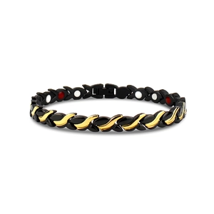 Detail of magnetic therapy bracelet with gold and black leaf links and healing stones