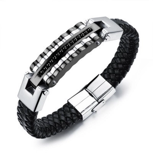 Herren Lederarmband geflochten mit silber-goldenem Metallelement und schwarzen Steinen