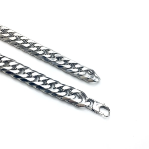 Polished silver cuban link chain for men with secure lobster clasp on white background