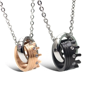 Titanium Steel Interlocking Crown Ring Pendant Necklace For Couples Rhinestone Rose Gold Black Fashion Jewelry Neckwear