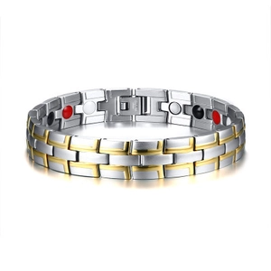 Men's magnetic stainless steel bracelet in silver and gold duo-tone with folding clasp
