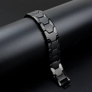 Men's titanium steel bracelet with black hexagonal honeycomb link design and folding clasp