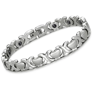 Bracelet Magnétothérapie en Acier Inoxydable Poli Cœur XO pour Femme Argent Hugs And Kisses Bijoux Minimalistes Cadeau