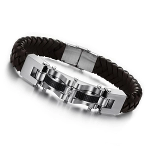 Bracelet en Cuir Tressé pour Hommes Avec Insert en Fibre de Carbone en Acier Inoxydable Strass Bijoux pour Hommes