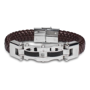 Bracelet pour homme en cuir tressé marron avec fermoir acier et fibre de carbone